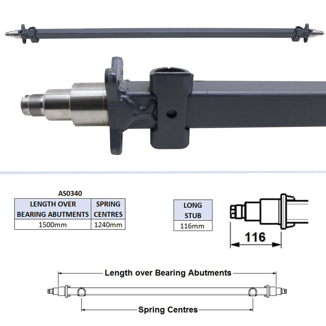 Aksel uden bremser 1240mm | 1500mm | 116mm