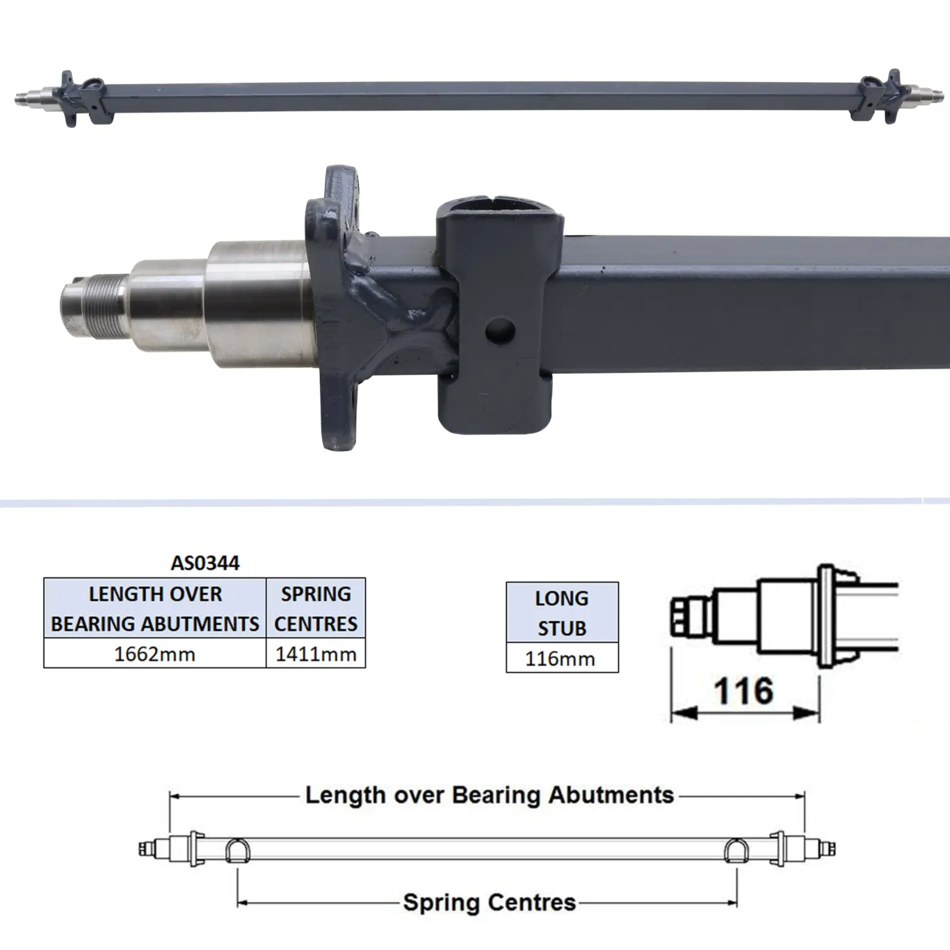 Aksel uden bremser 1411mm | 1662mm | 116mm