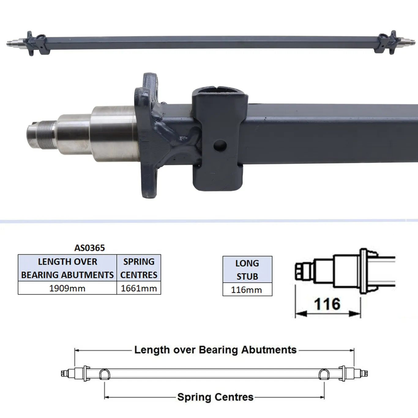 Aksel uden bremser 1661mm | 1909mm | 116mm