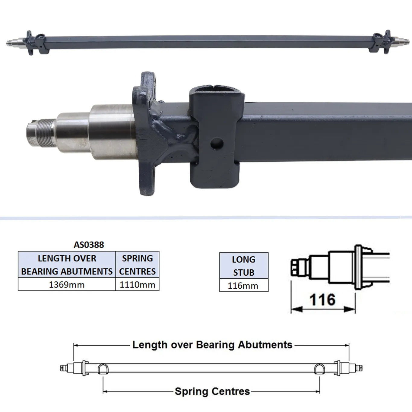 Aksel uden bremser 1389mm | 1110mm | 116mm