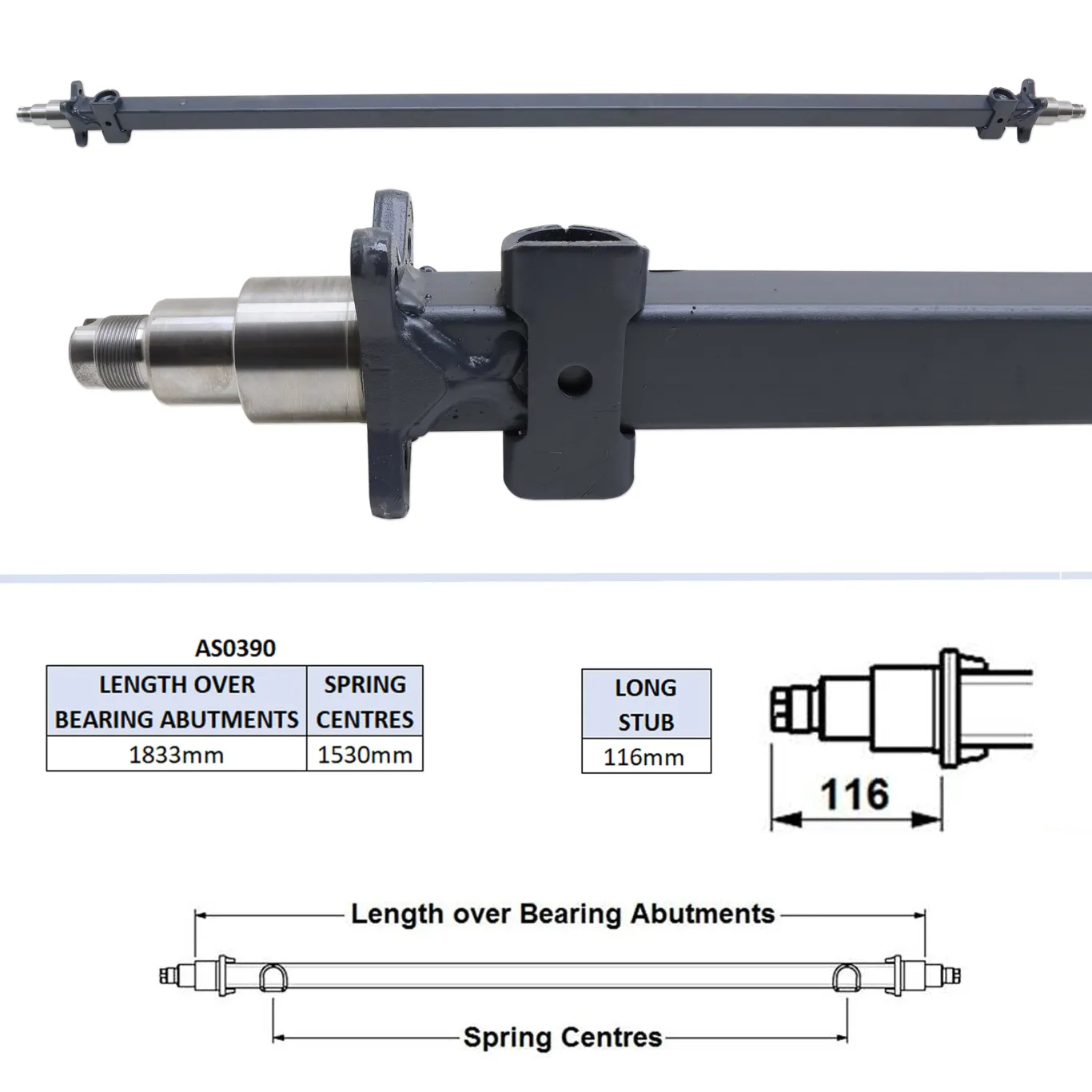 Aksel uden bremser 1530mm | 1833mm | 116mm