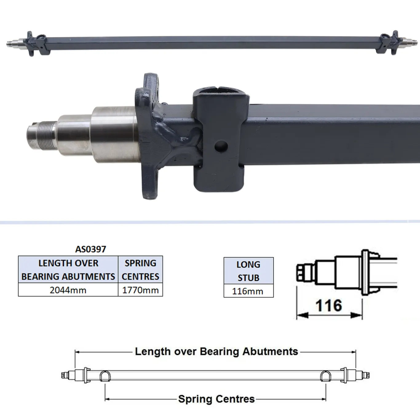 Aksel uden bremser 1770mm | 2044mm | 116mm