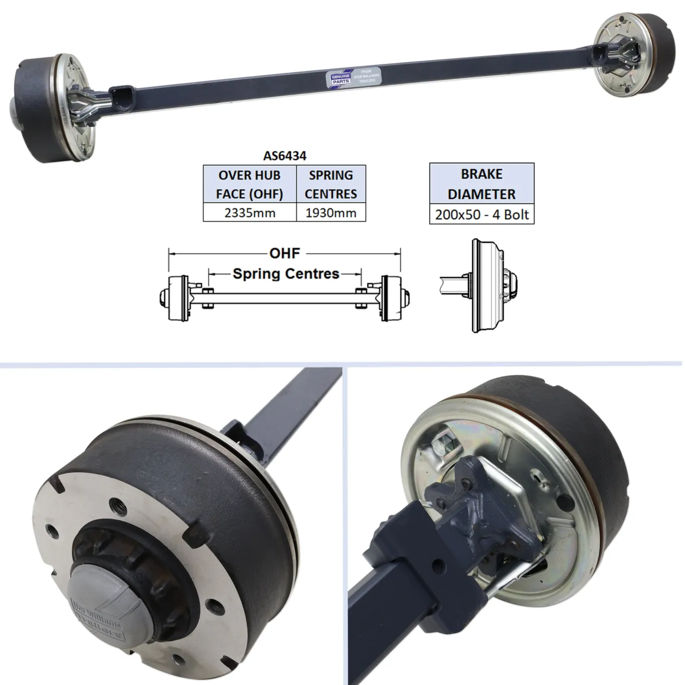 Aksel med bremser 1930mm | 2335mm | 200x50mm-5huls
