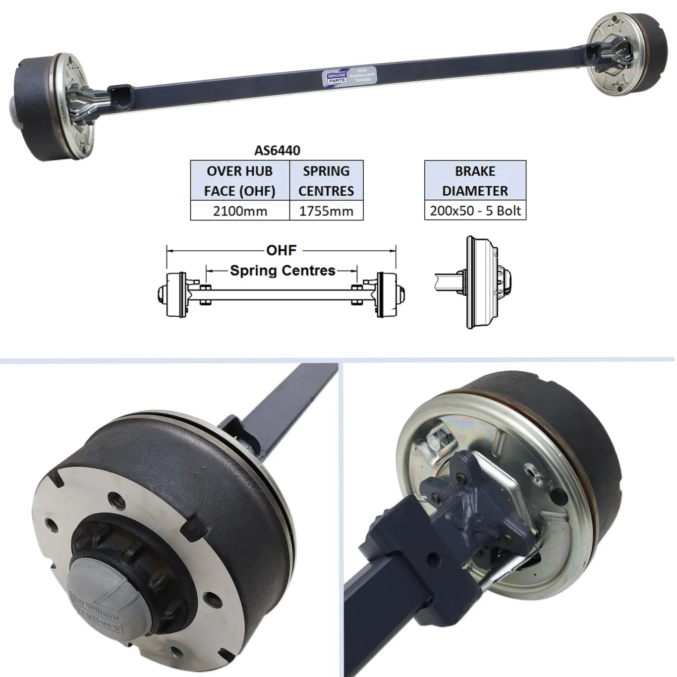Aksel med bremser 1755mm | 2100mm | 200x50mm-5huls