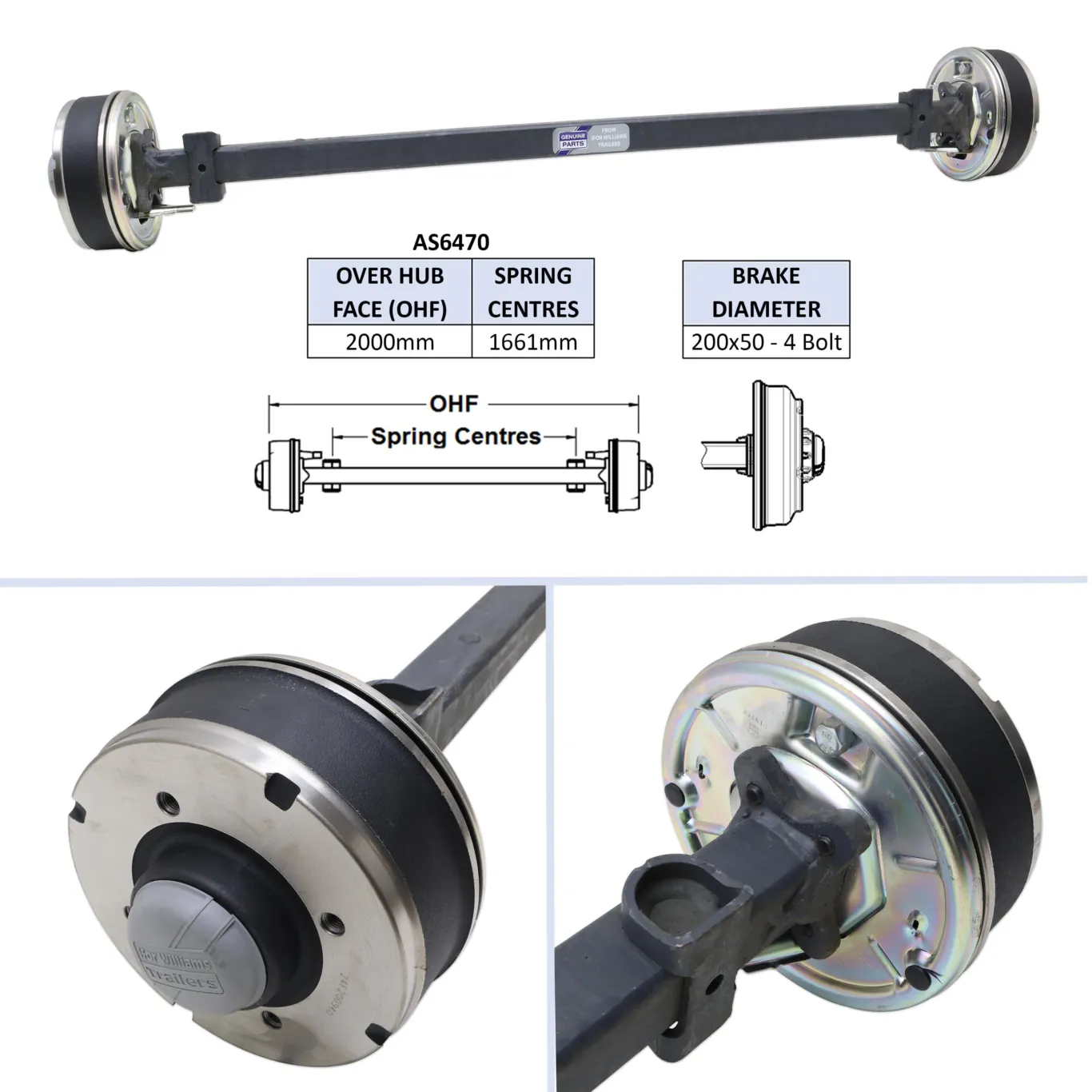 Aksel med bremser 1661mm | 2000mm | 200x50mm-4huls
